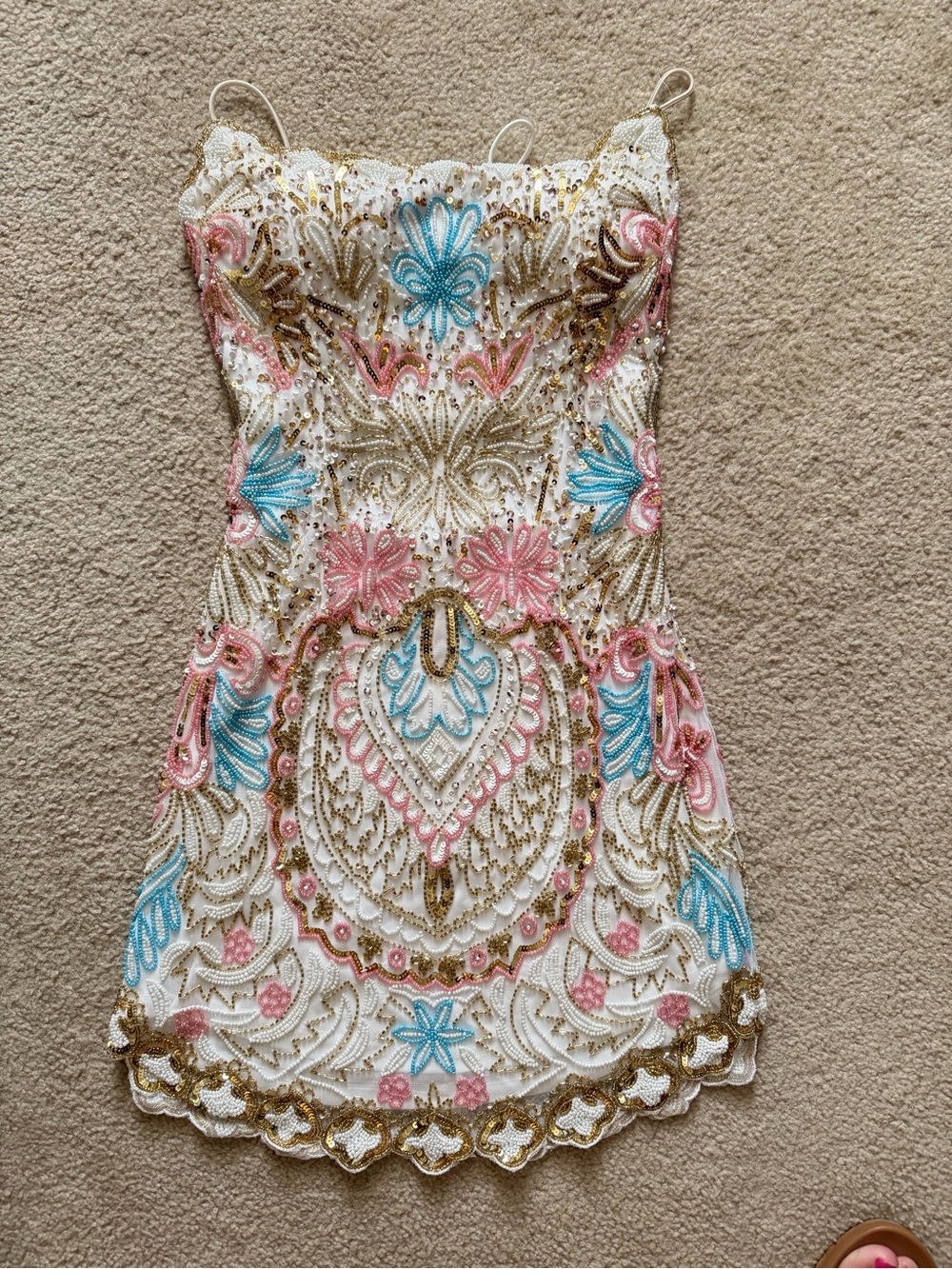 Rachel Allan White Mini Dress with Gold Beading and Pink & Blue Embroidery